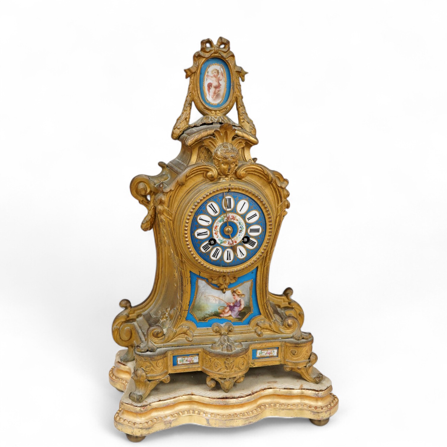 A 19th century French gilt metal mantel clock in Sevres style with gilt wood stand, 40cm total height